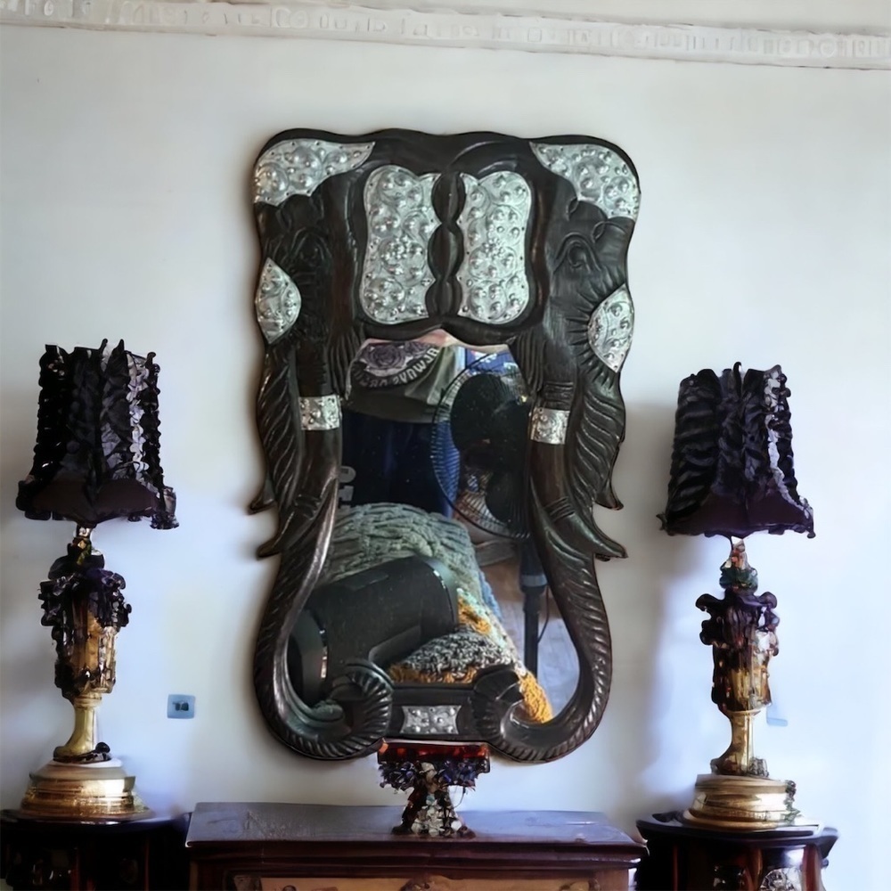Intricately Carved Wood Double Elephant Mirror with Metal Accents,VINTAGE